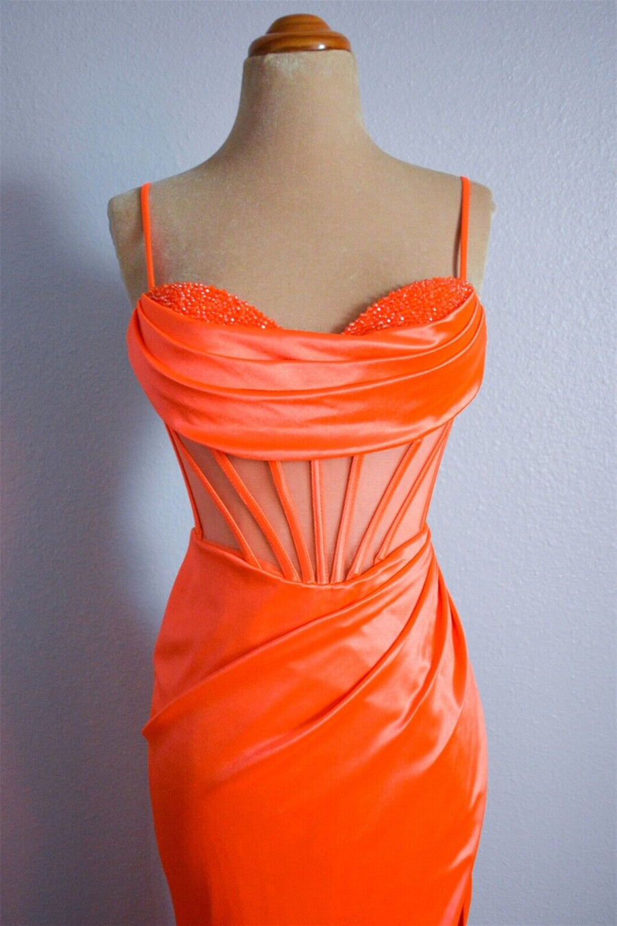 Orange Mermaid Spaghetti Straps Pleated Beading Long Formal Dress