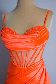 Orange Mermaid Spaghetti Straps Pleated Beading Long Formal Dress