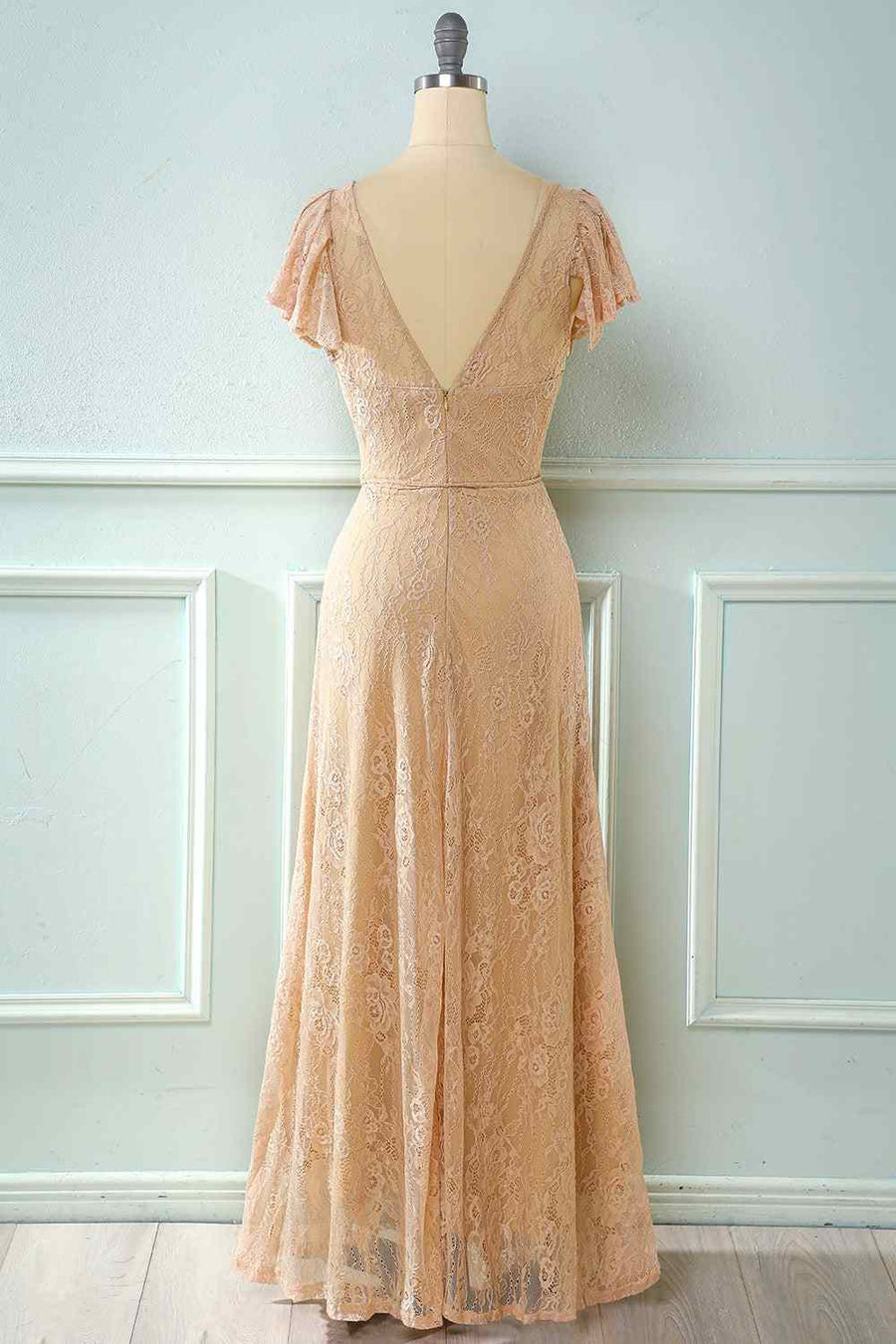 A-line Sweetheart Flowing Sleeves Lace Long Bridesmaid Dress
