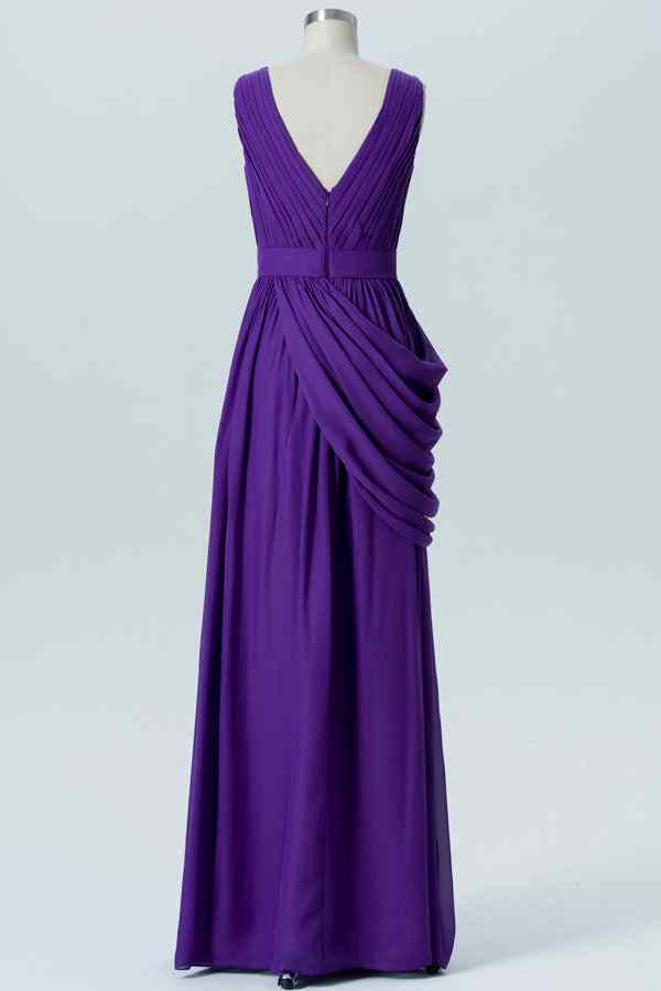 Regency A-line V Neck Chiffon Pleated Ruffles Long Bridesmaid Dress