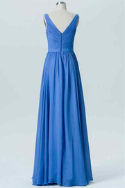 Blue Jay A-line V Neck Chiffon Pleated Long Bridesmaid Dress