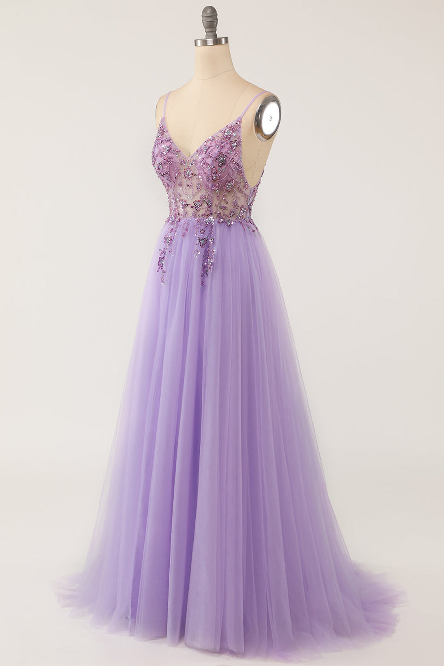 V-Neck Open Back Sheer Empire Tulle A-Line Prom Party Dress
