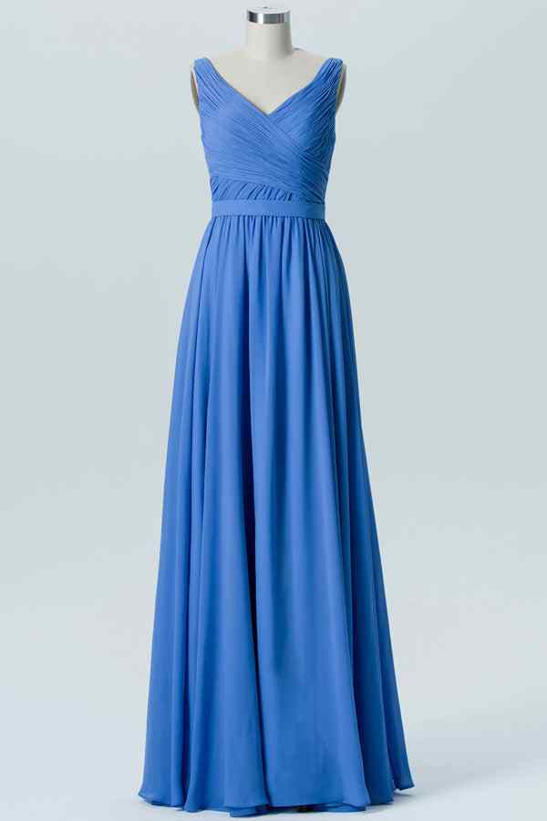 Blue Jay A-line V Neck Chiffon Pleated Long Bridesmaid Dress