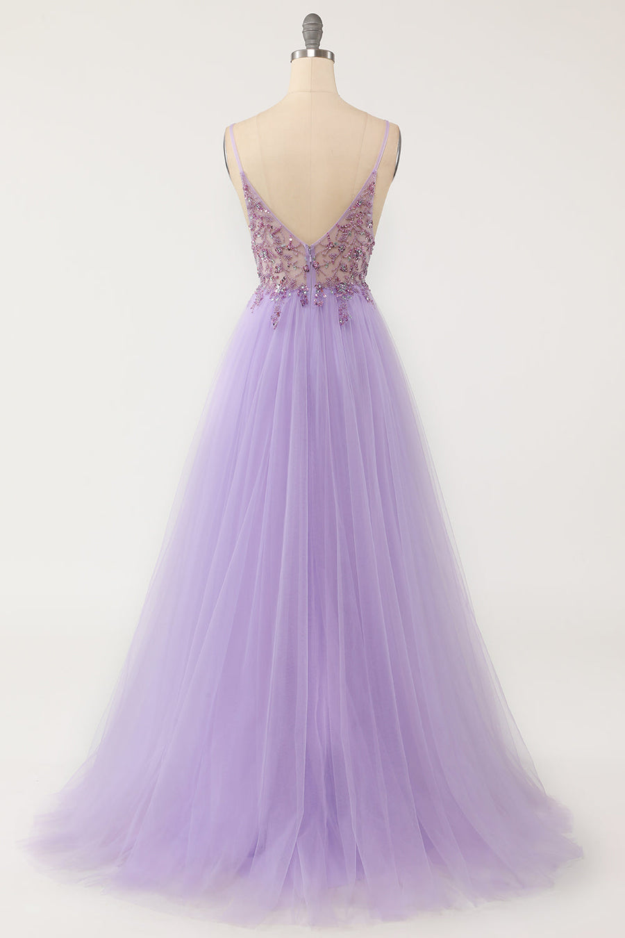 V-Neck Open Back Sheer Empire Tulle A-Line Prom Party Dress