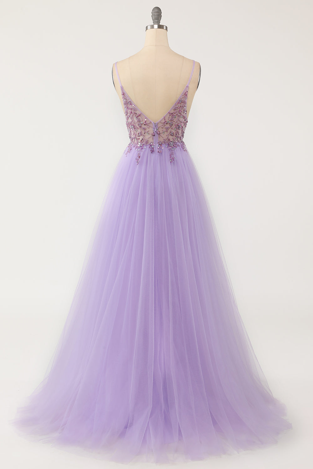 Lilac A-line V Neckline Beading Sheer Tulle Long Prom Dress