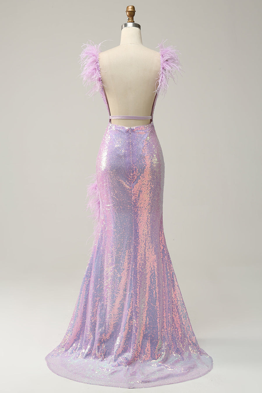 Sequin Mermaid V-Neck Backless Party Prom Dress With Feathers
