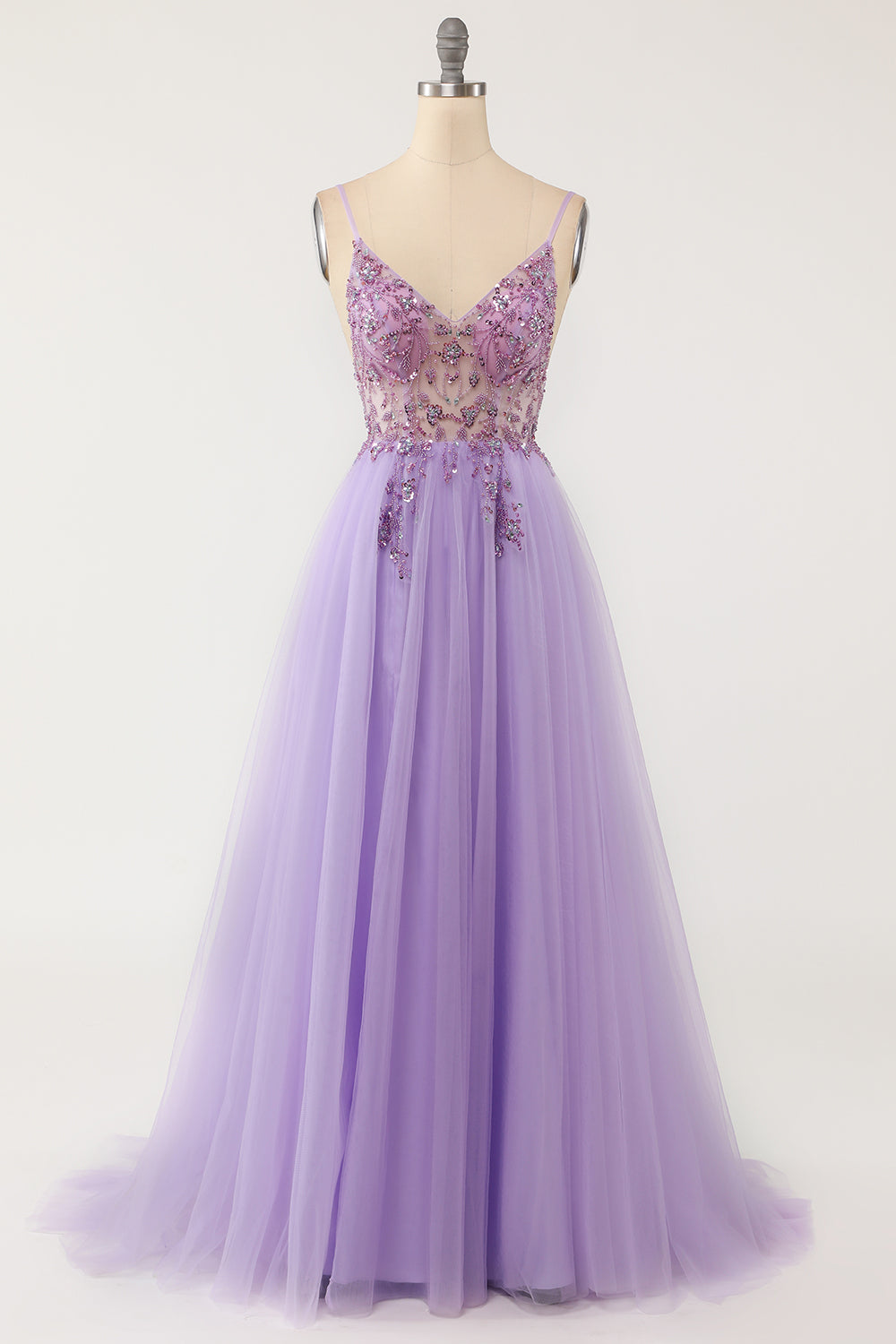 Lilac A-line V Neckline Beading Sheer Tulle Long Prom Dress