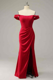Red Mermaid Off-Shoulder Satin Long Lace-Up Bridesmaid Dress