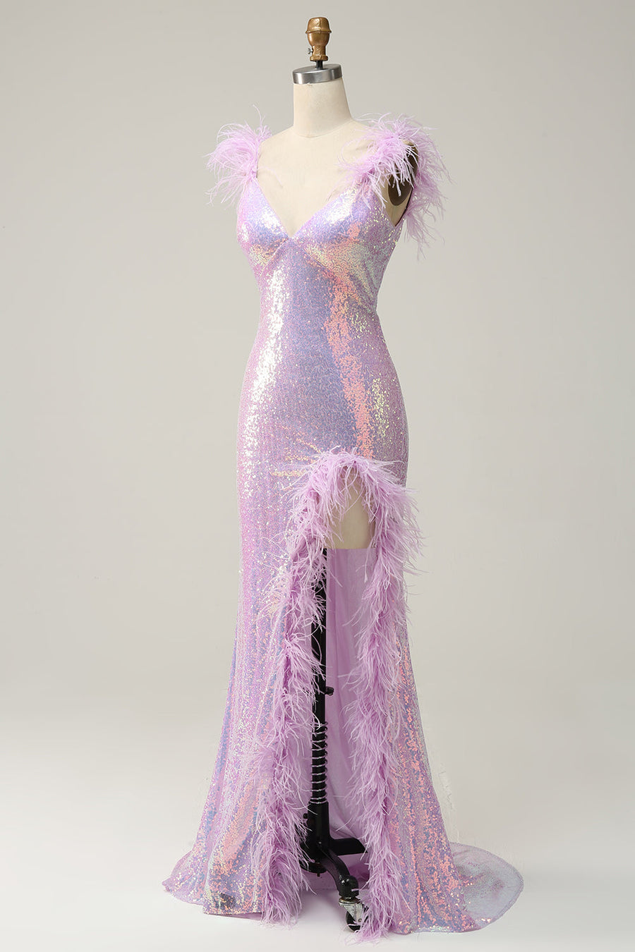 Sequin Mermaid V-Neck Backless Party Prom Dress With Feathers