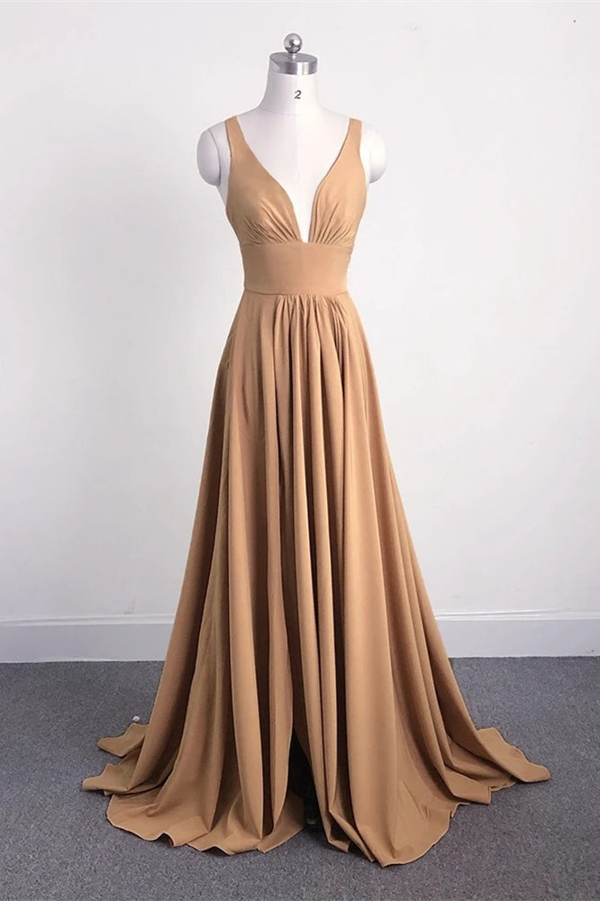 Gold Long Bridesmaid Dress with Slit Blue / US 10 Gold Long Bridesmaid Dress with Slit Blue / US 10