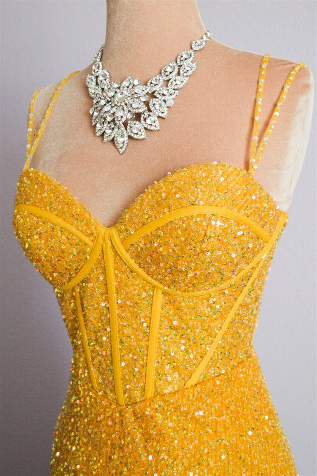 Marigold Mermaid Spaghetti Straps Sparkly Backless Long Formal Dress