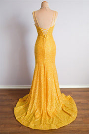 Marigold Mermaid Spaghetti Straps Sparkly Backless Long Formal Dress