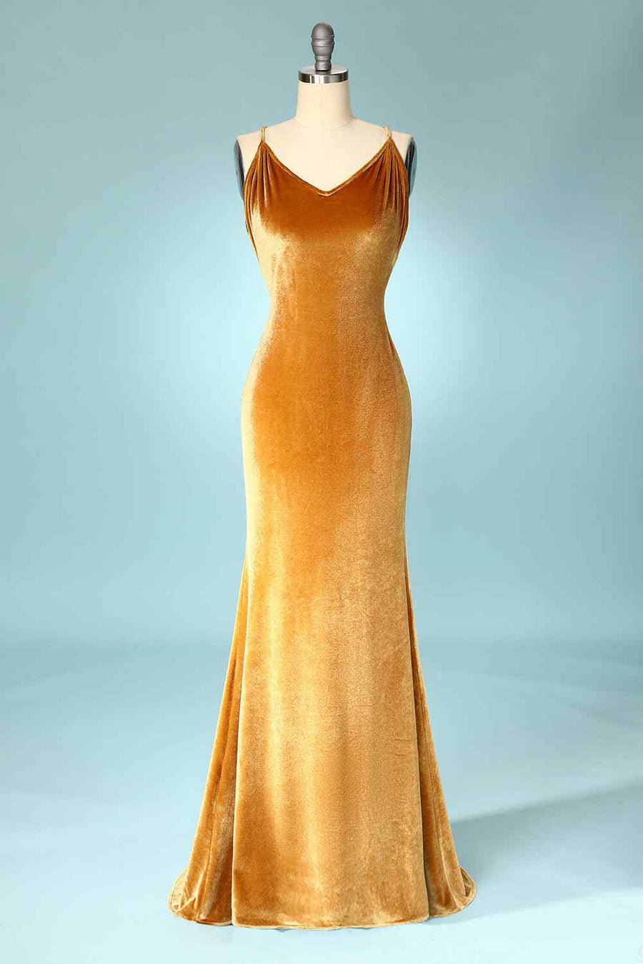 Butterscotch Mermaid Cowl Neck Backless Velvet Long Bridesmaid Dress