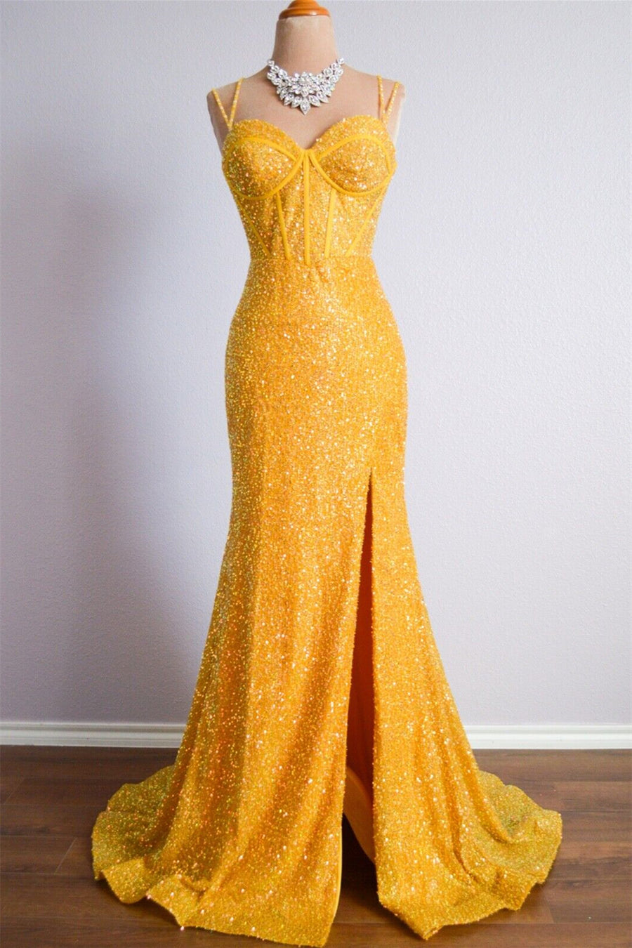 Marigold Mermaid Spaghetti Straps Sparkly Backless Long Formal Dress