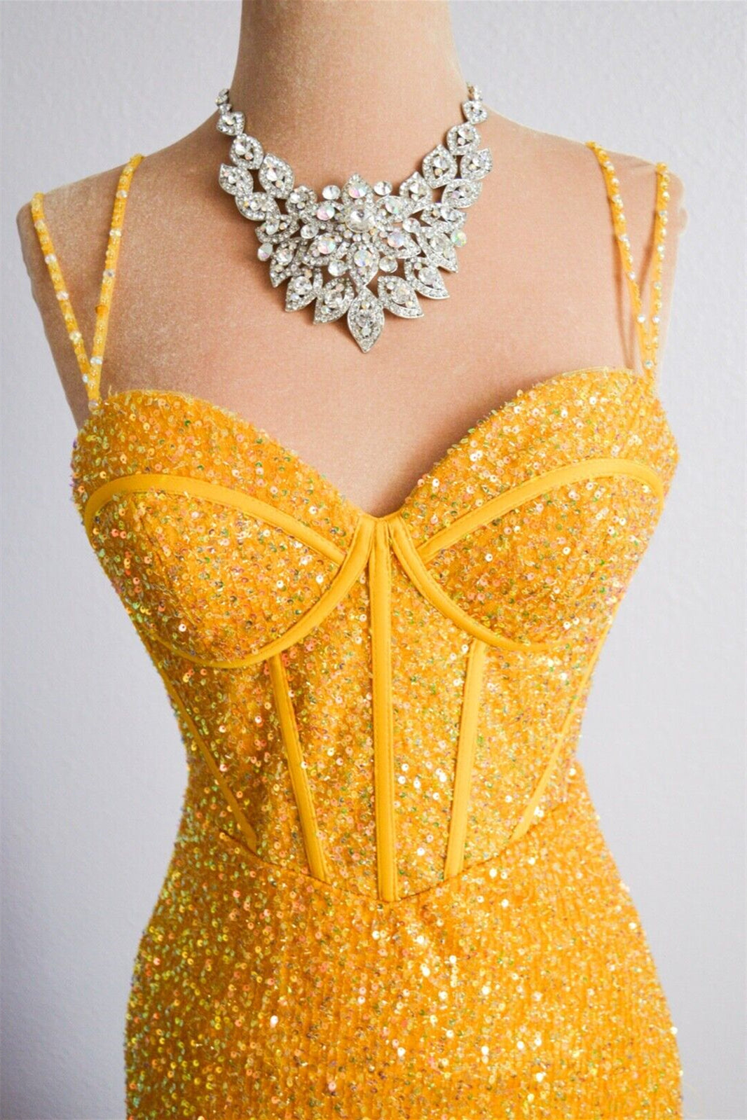Marigold Mermaid Spaghetti Straps Sparkly Backless Long Formal Dress