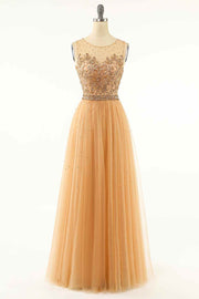 Gold A-line Illusion Neckline Sparkly Tulle Embroidery Long Prom Dress