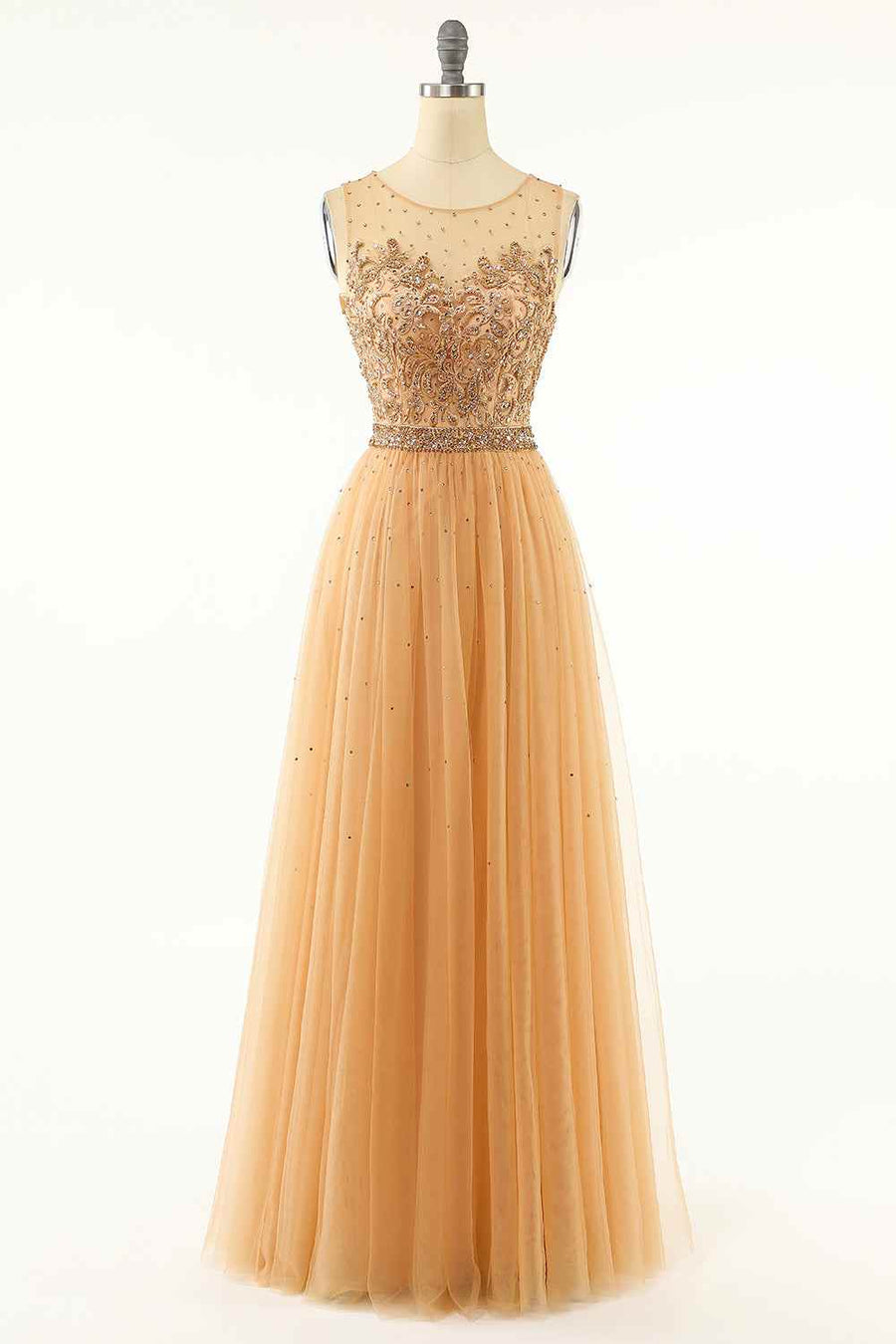 Gold A-line Illusion Neckline Sparkly Tulle Embroidery Long Prom Dress