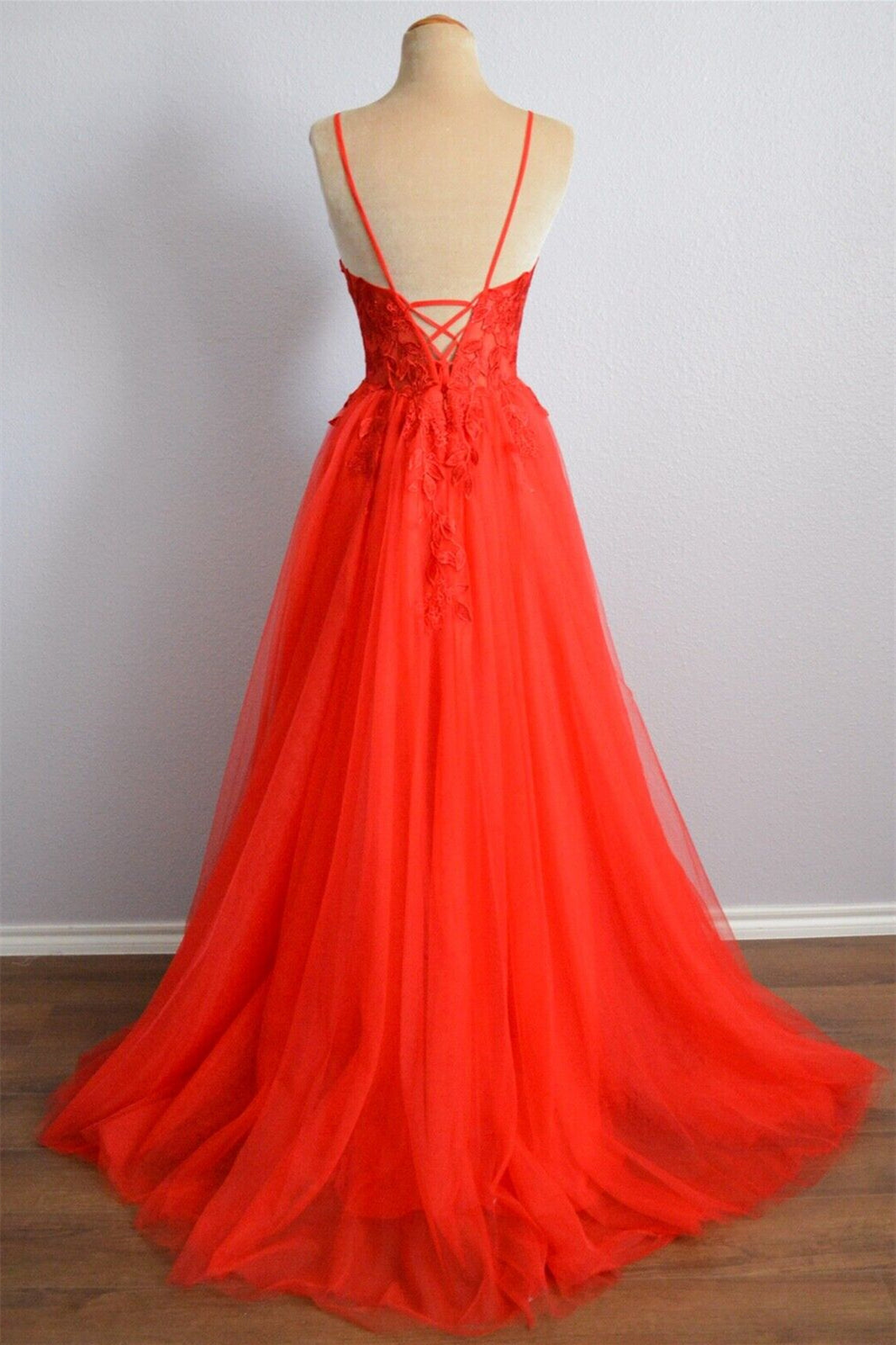 Reddish-Orange A-line Spaghetti Straps Lace Backless Long Prom Dress