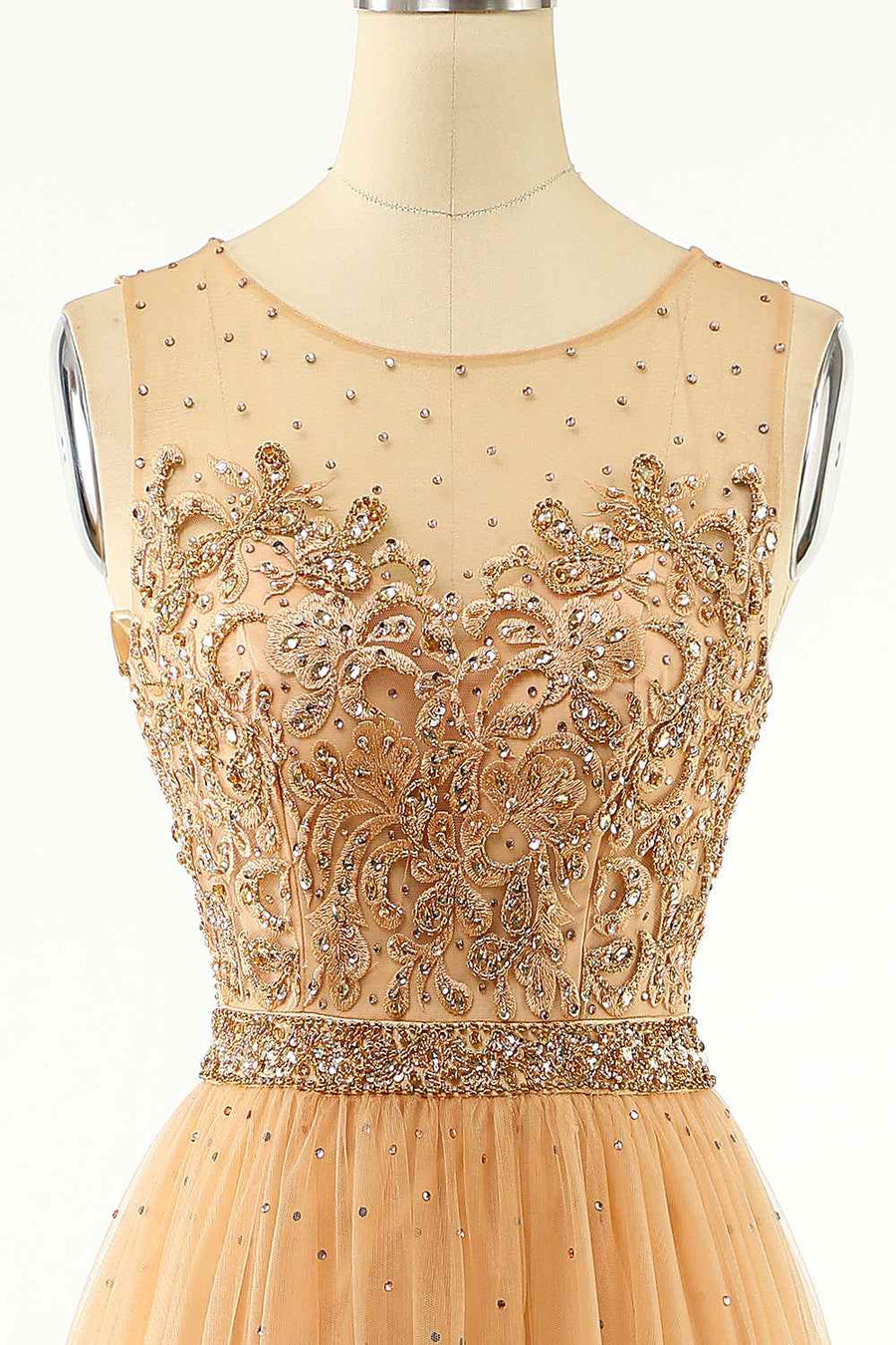 Gold A-line Illusion Neckline Sparkly Tulle Embroidery Long Prom Dress