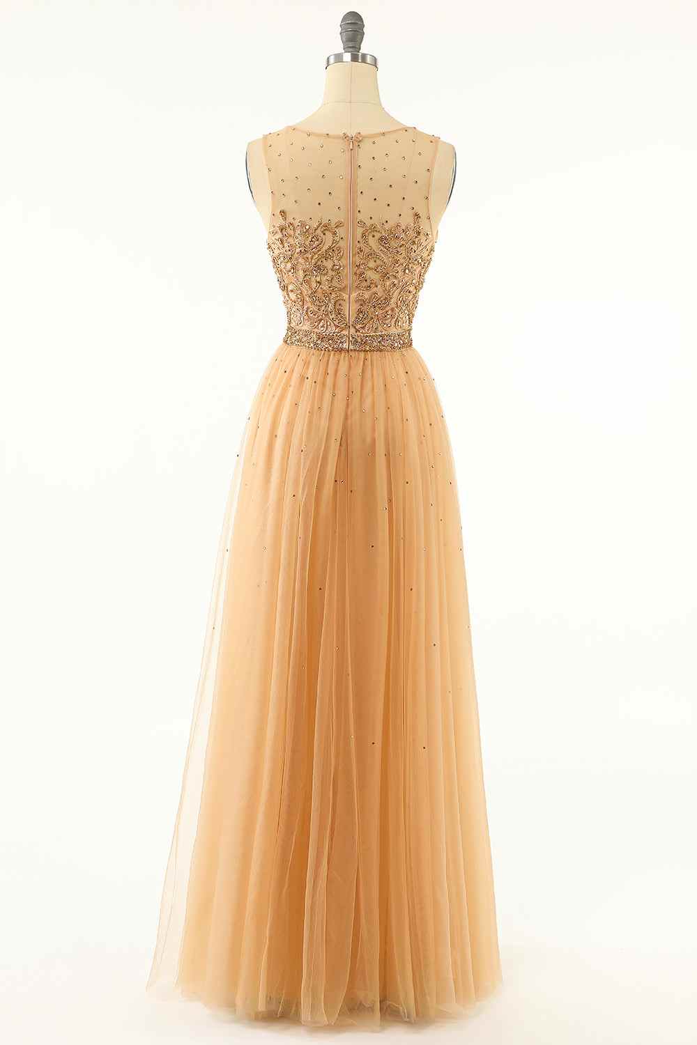 Gold A-line Illusion Neckline Sparkly Tulle Embroidery Long Prom Dress
