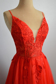 Reddish-Orange A-line Spaghetti Straps Lace Backless Long Prom Dress