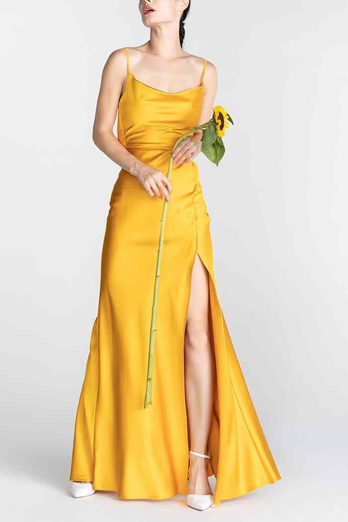 Marigold Mermaid Satin Cowl Neck Long Bridesmaid Dress with Slit Marigold / US 2 Marigold Mermaid Satin Cowl Neck Long Bridesmaid Dress with Slit Marigold / US 2