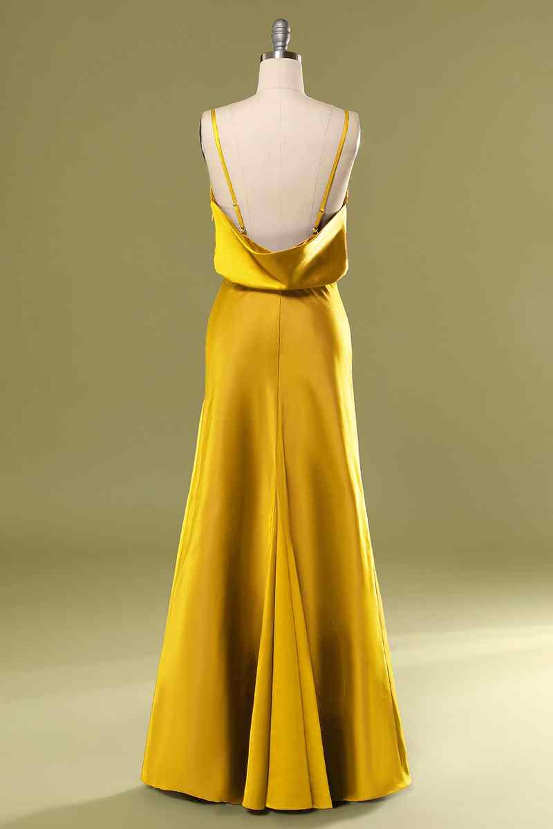 Marigold Mermaid Satin Cowl Neck Long Bridesmaid Dress with Slit