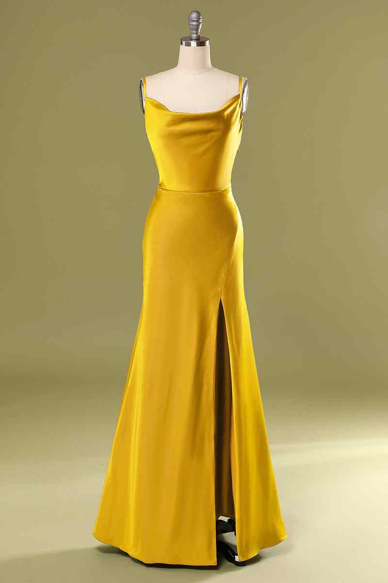 Marigold Mermaid Satin Cowl Neck Long Bridesmaid Dress with Slit Marigold / US 2 Marigold Mermaid Satin Cowl Neck Long Bridesmaid Dress with Slit Marigold / US 2
