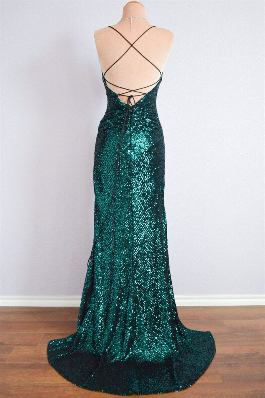 Peacock Green Mermaid Spaghetti Strap Sparkly Backless Slit Long Formal Dress