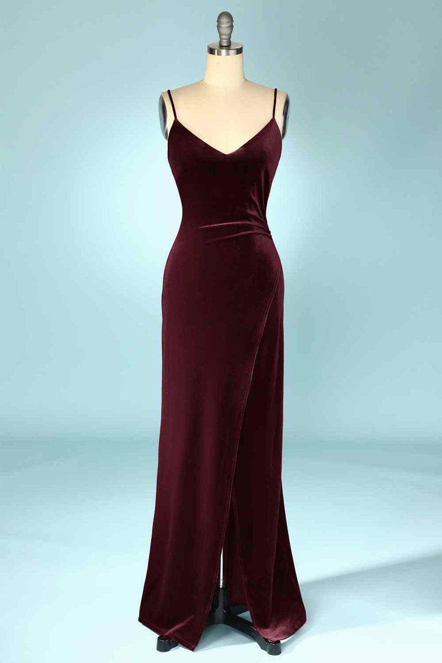 Cabernet Mermaid V Neck Velvet Long Bridesmaid Dress with Slit