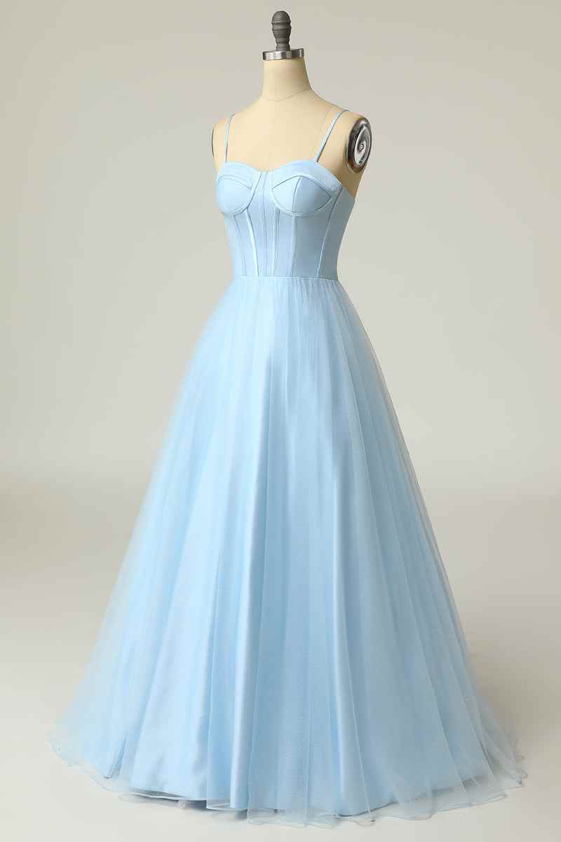 Light Blue A-line Boning Adjustable Spaghetti Straps Tulle Long Prom Dress