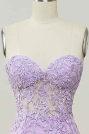 Lilac Mermaid Strapless Lace-Up Tulle Applique Long Prom Dress