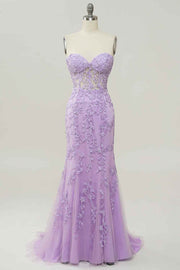 Lilac Mermaid Strapless Lace-Up Tulle Applique Long Prom Dress