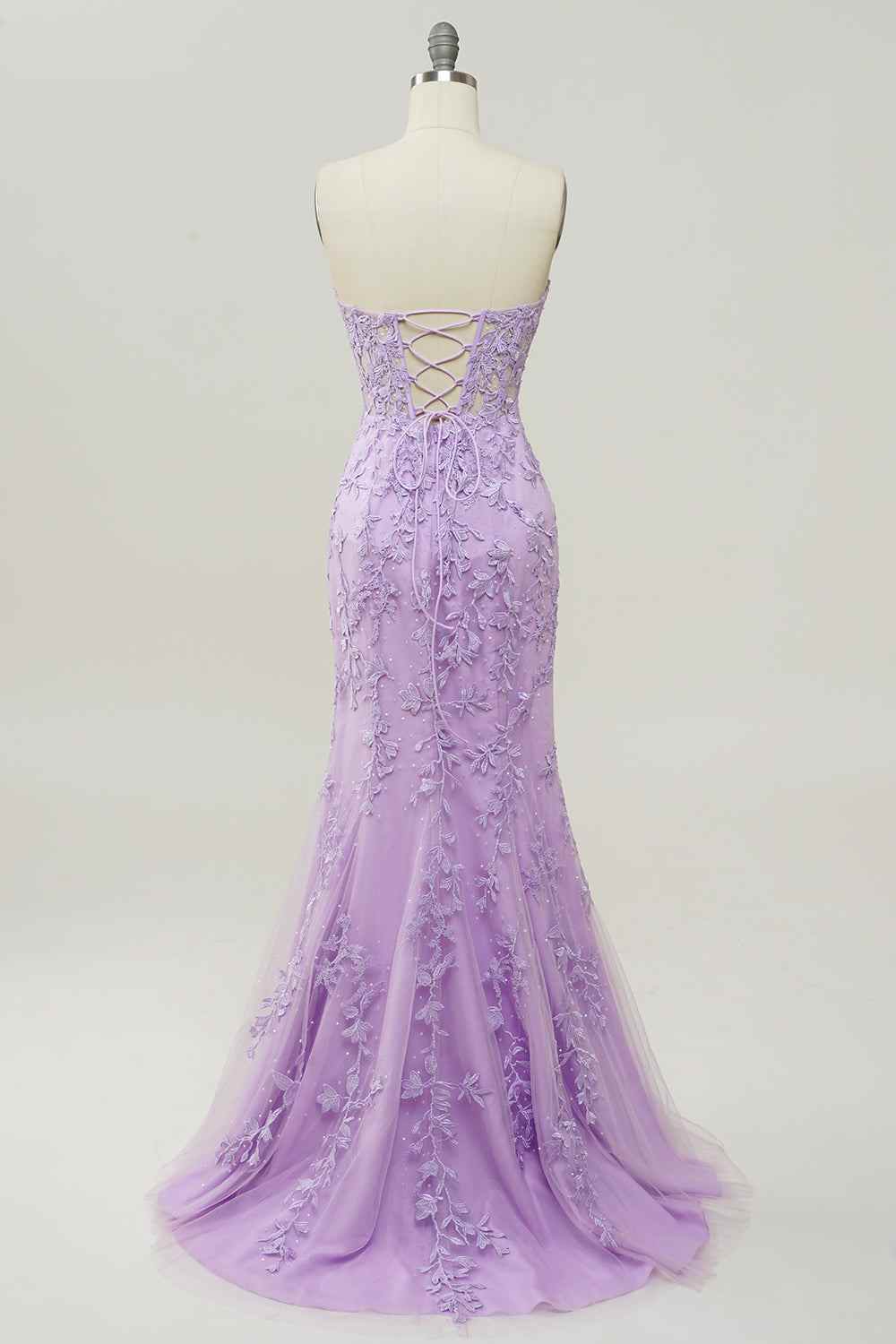 Lilac Mermaid Strapless Lace-Up Tulle Applique Long Prom Dress