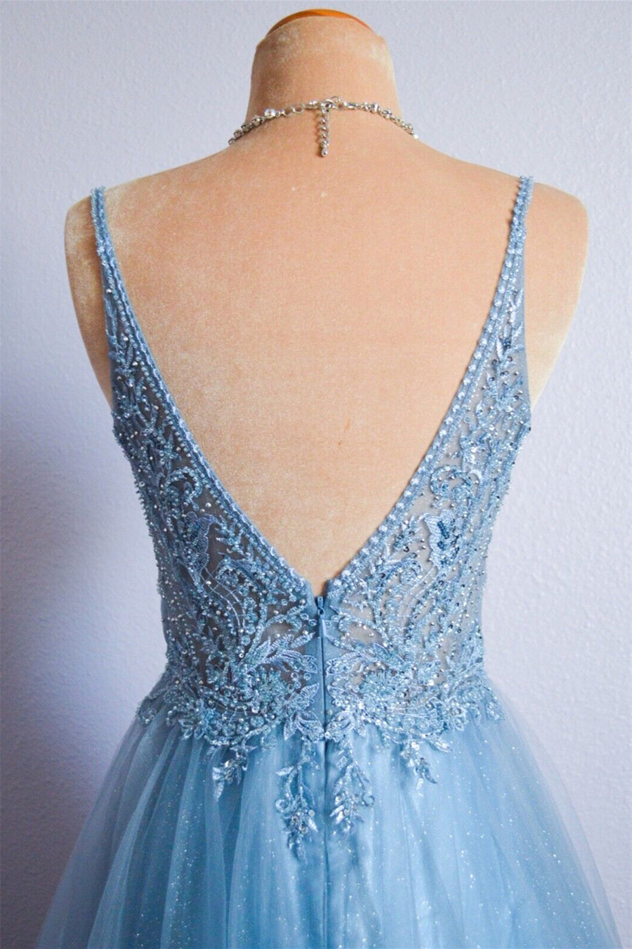 Sky Blue A-line V Neckline Spaghetti Strap Sheer Beaded Lace Long Formal Dress