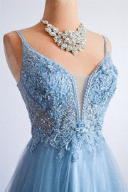 Sky Blue A-line V Neckline Spaghetti Strap Sheer Beaded Lace Long Formal Dress