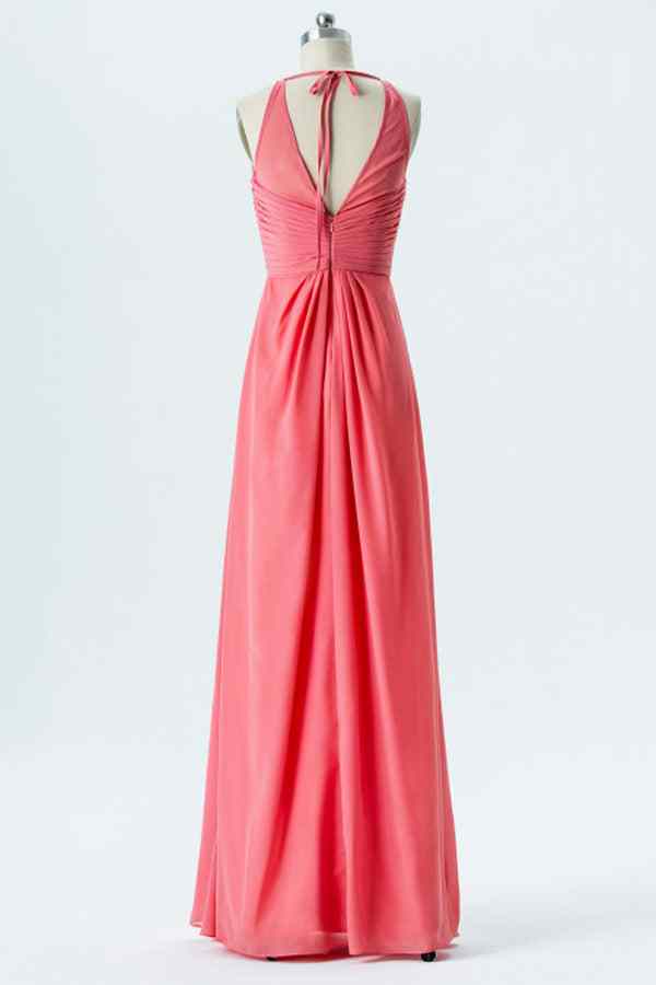 Watermelon A-line Halter Tied Back Chiffon Long Bridesmaid Dress