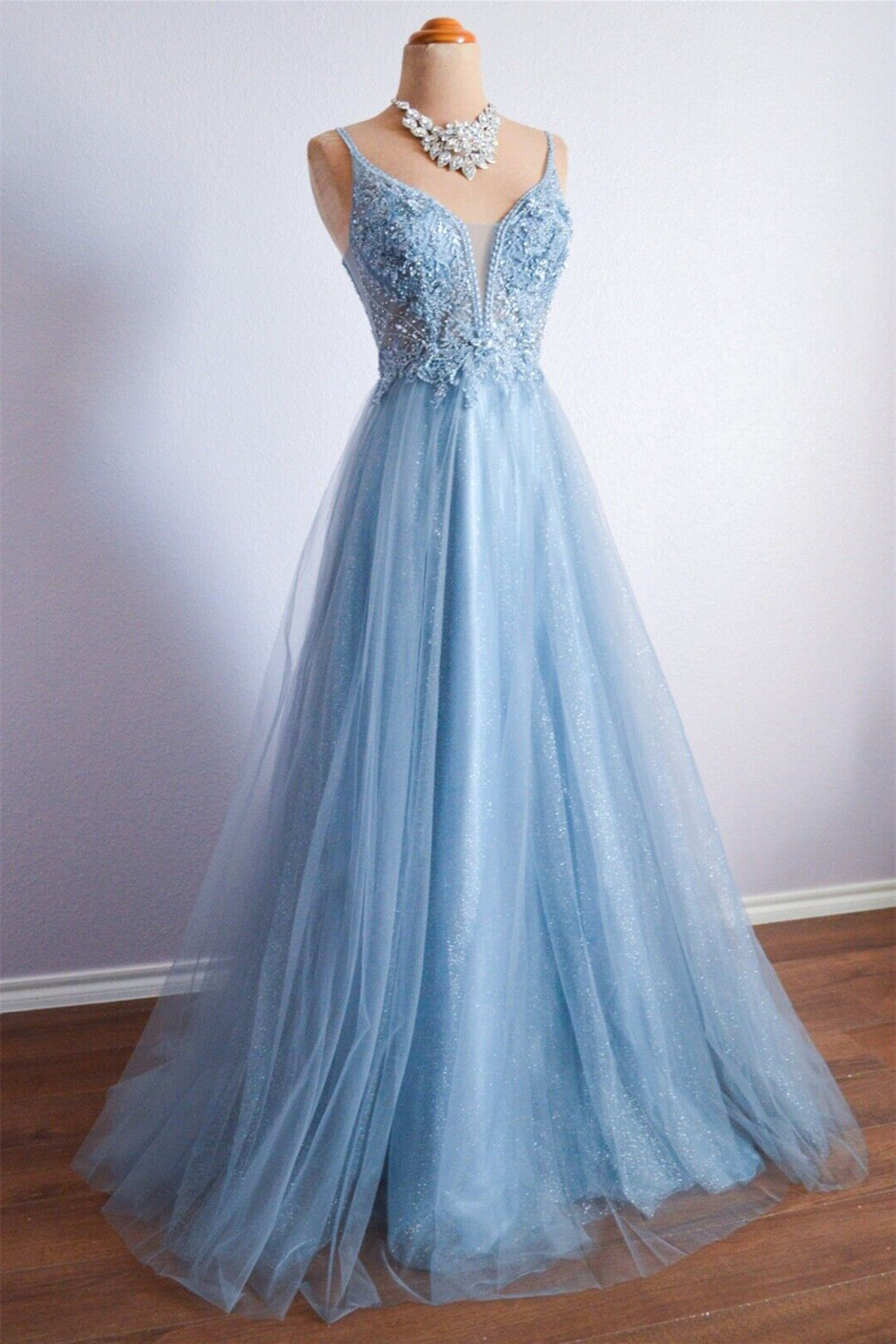 Sky Blue A-line V Neckline Spaghetti Strap Sheer Beaded Lace Long Formal Dress