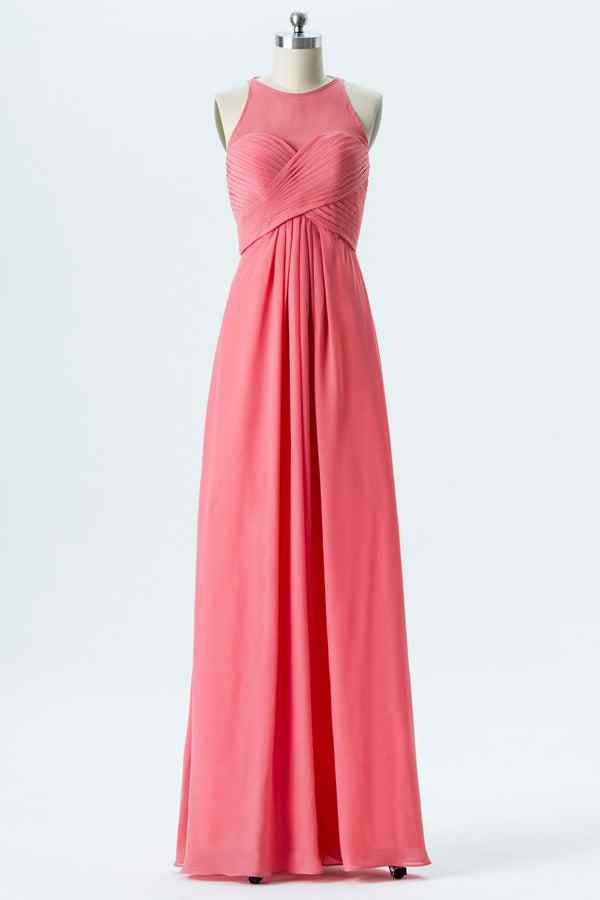 Watermelon A-line Halter Tied Back Chiffon Long Bridesmaid Dress Watermelon / US 4