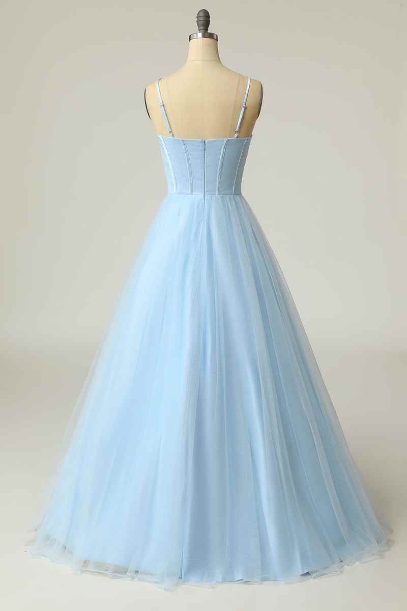 Light Blue A-line Boning Adjustable Spaghetti Straps Tulle Long Prom Dress