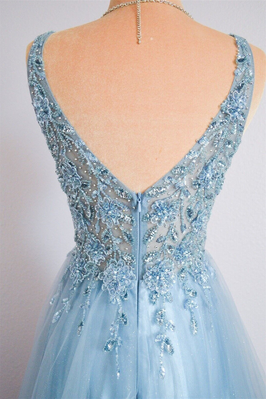 Sky Blue A-line Spaghetti Straps Beaded Lace Long Formal Dress