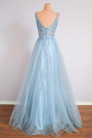 Sky Blue A-line Spaghetti Straps Beaded Lace Long Formal Dress