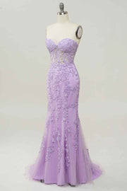 Lilac Mermaid Strapless Lace-Up Tulle Applique Long Prom Dress