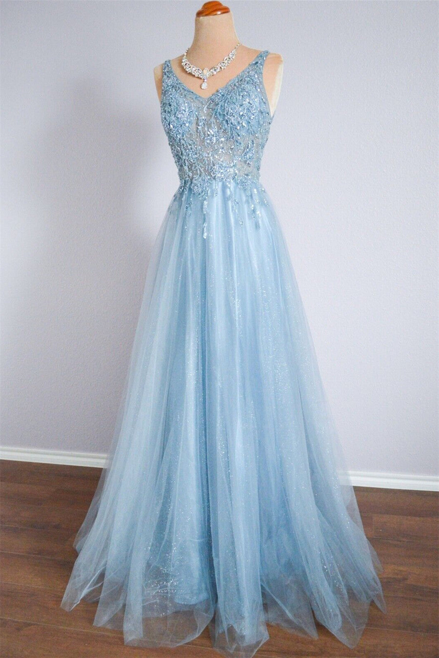 Sky Blue A-line Spaghetti Straps Beaded Lace Long Formal Dress