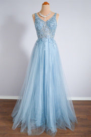 Sky Blue A-line Spaghetti Straps Beaded Lace Long Formal Dress