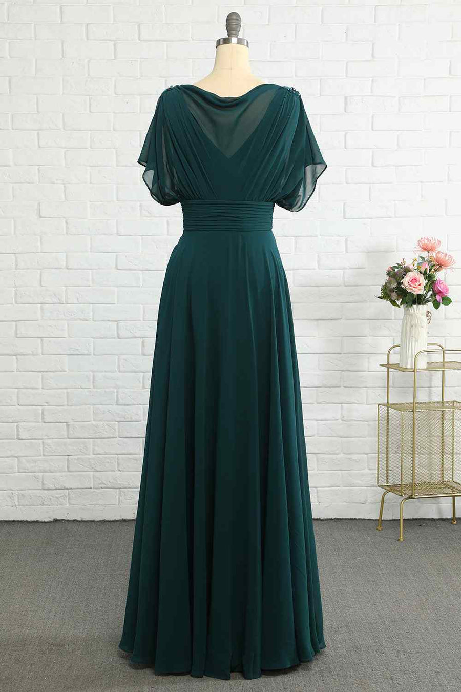 Hunter Green A-line Illusion Cowl Neck Chiffon Long Bridesmaid Dress