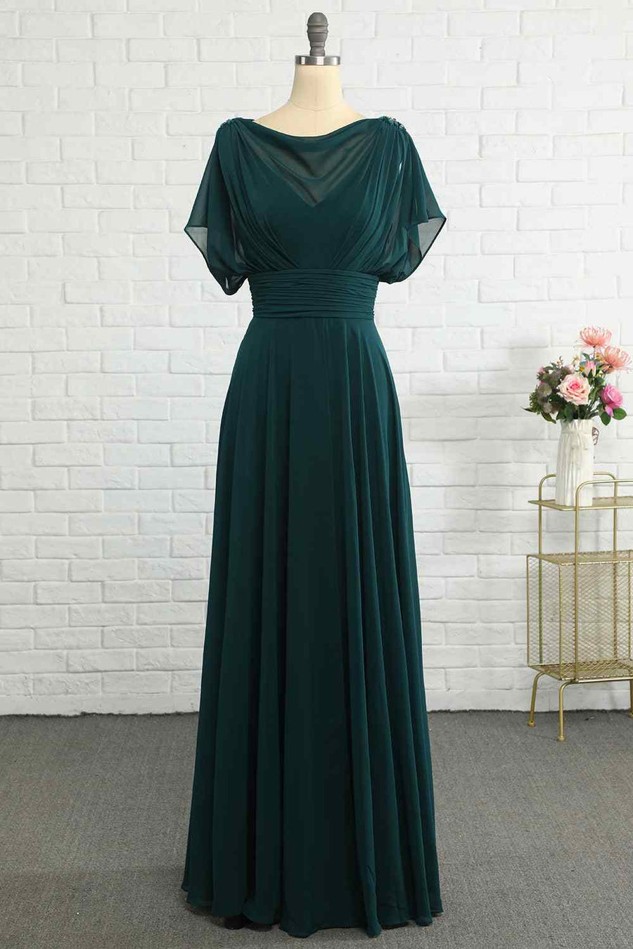 Hunter Green A-line Illusion Cowl Neck Chiffon Long Bridesmaid Dress