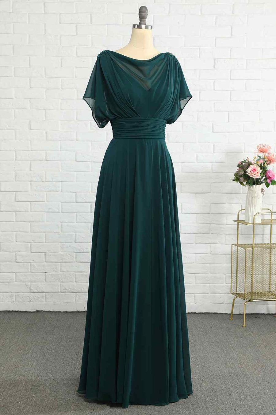 Hunter Green A-line Illusion Cowl Neck Chiffon Long Bridesmaid Dress