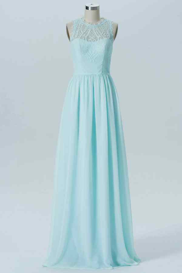 Caribbean A-line Lace Illusion Halter Chiffon Long Bridesmaid Dress