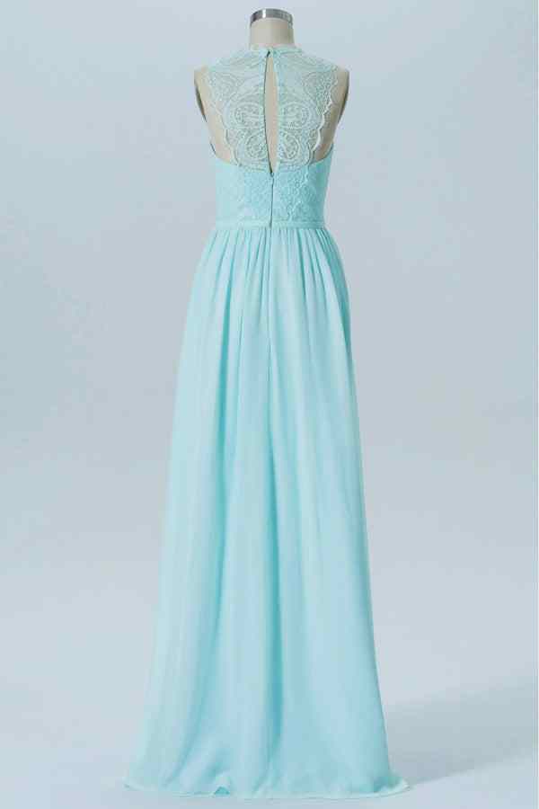 Caribbean A-line Lace Illusion Halter Chiffon Long Bridesmaid Dress
